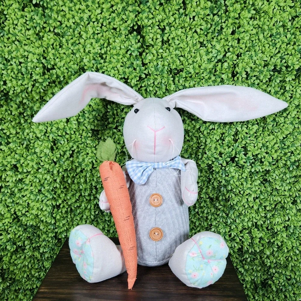 Grey Fabric Easter Bunny Figurine Weighted Shelf Sitter with Carrot and Bow Tie